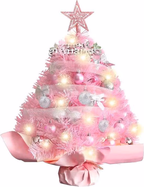 Mini albero di Natale rosa da 55 cm con luci e candele - Decorazione natalizia per tavola, ufficio, camera da letto