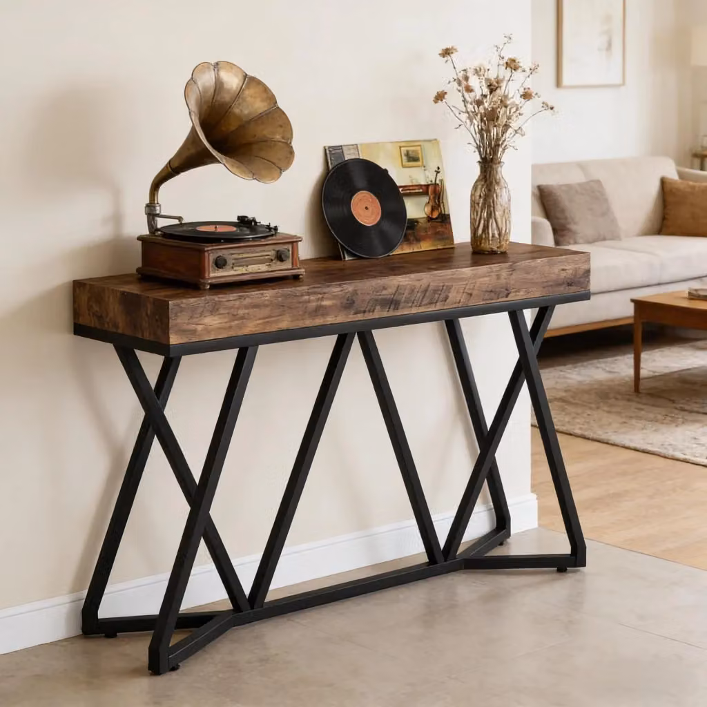 Consolle da ingresso OKWISH in stile industrial con piano effetto legno marrone e struttura in metallo nero, L: 140 cm, P: 30 cm – 2