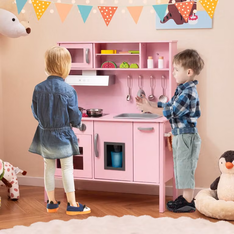 Cucina giocattolo in legno Costway per bambini con microonde, cappa aspirante e lavello, colore rosa