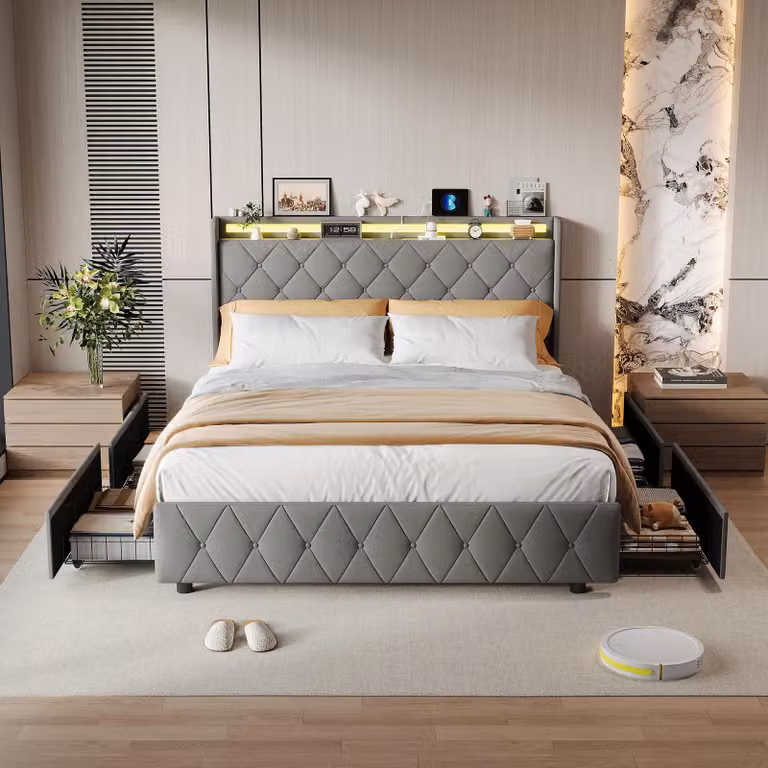 Letto da 140 x 200 cm con contenitore, illuminazione a LED e porta USB, letto singolo imbottito con 4 cassetti, rete a doghe, rivestimento in velluto, grigio