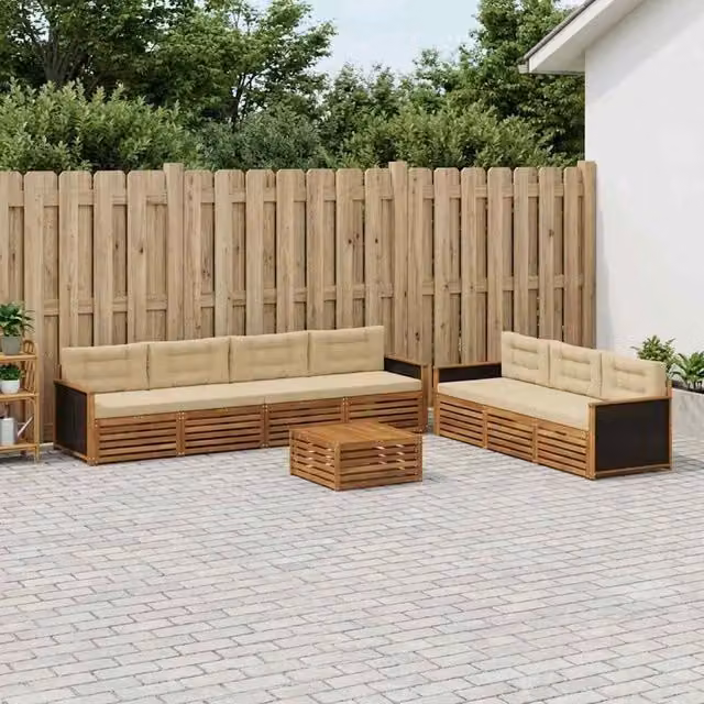 Set di mobili da esterno vidaXL composto da 8 pezzi con divani, tavolino da caffè e cuscini in tessuto beige resistente ai raggi UV e struttura in legno di acacia trattato – 1