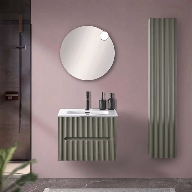 Mobile bagno sospeso Bali verde e bianco con ante cannettate e cassetto interno