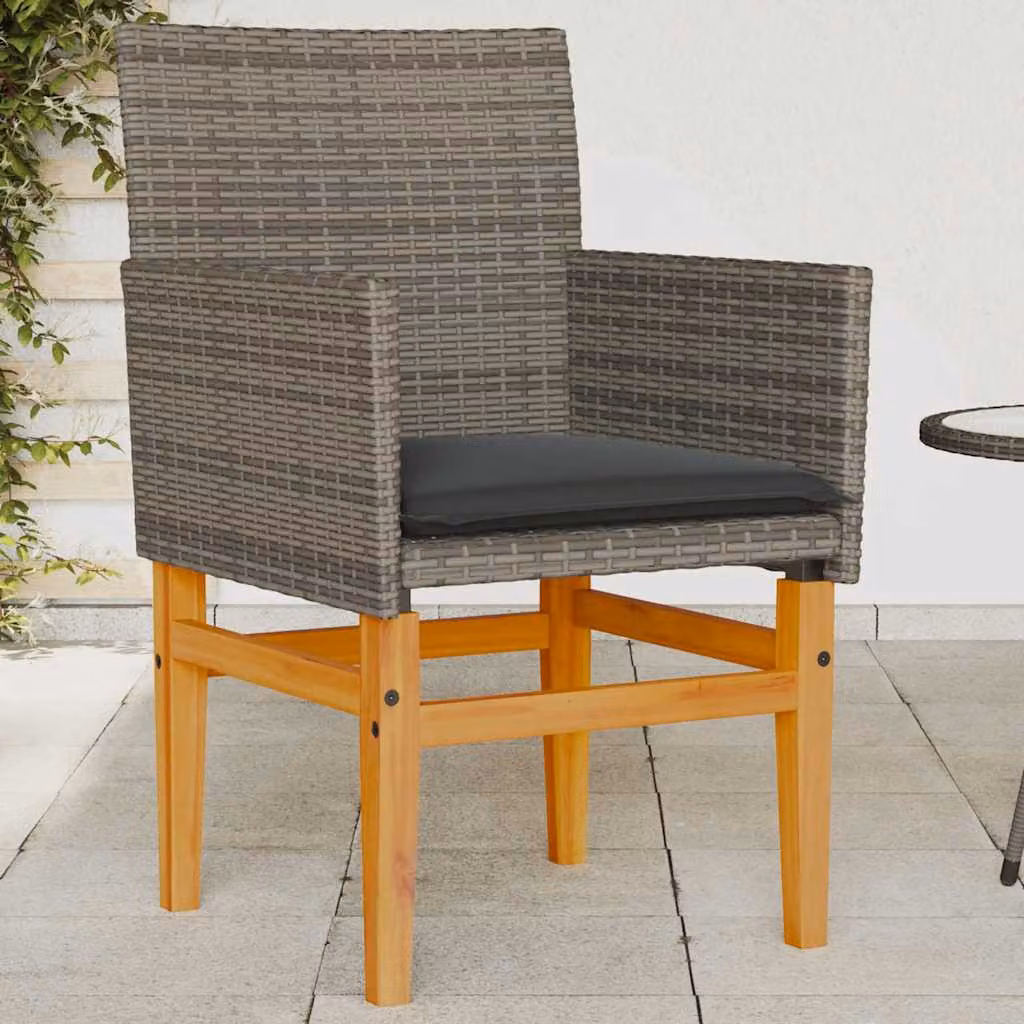 Set di 2 sedie da giardino vidaXL in polyrattan e legno di acacia con cuscini grigi e braccioli