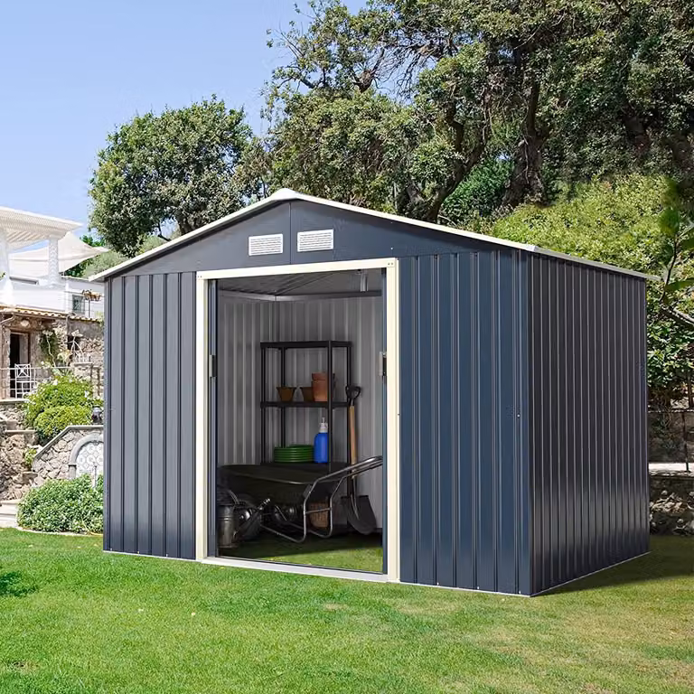 Capanno per attrezzi COSTWAY in metallo 277x191x202cm, capanno per attrezzi con serratura, capanno da giardino con 4 prese d'aria e porta scorrevole