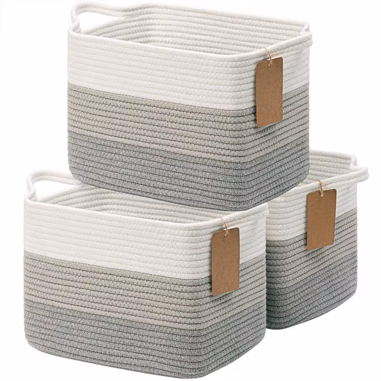 Set di 3 cesti intrecciati, grigi, con maniglie, dimensioni 33x25x23 cm