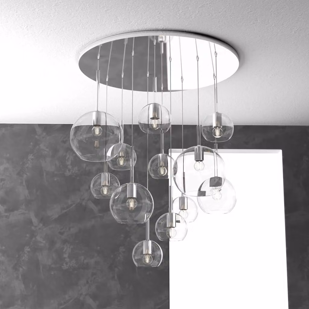 Lampadario a sospensione contemporaneo Top Light in metallo cromato e vetro trasparente con 12 luci E27 – 2