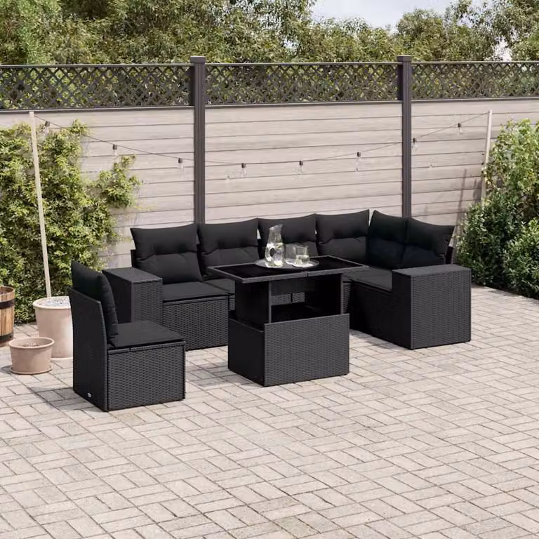 vidaXL Set Divano da Giardino a L con 7 Pezzi Nero in Polyrattan e Acciaio con Cuscini e Tavolino