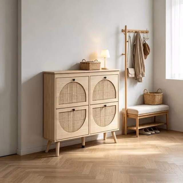 Scarpiera REDOM con 4 cassetti ribaltabili in legno di pino e rattan, colore beige e marrone, L: 105 cm, P: 24 cm, H: 97,5 cm