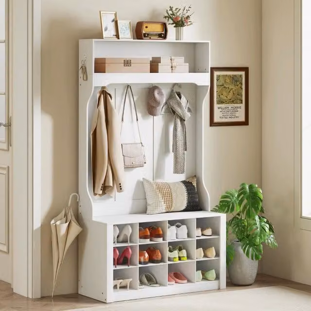 Garderoba 4 in 1 WISHDOR con panca, 6 ganci e scarpiera a 12 scomparti, bianco