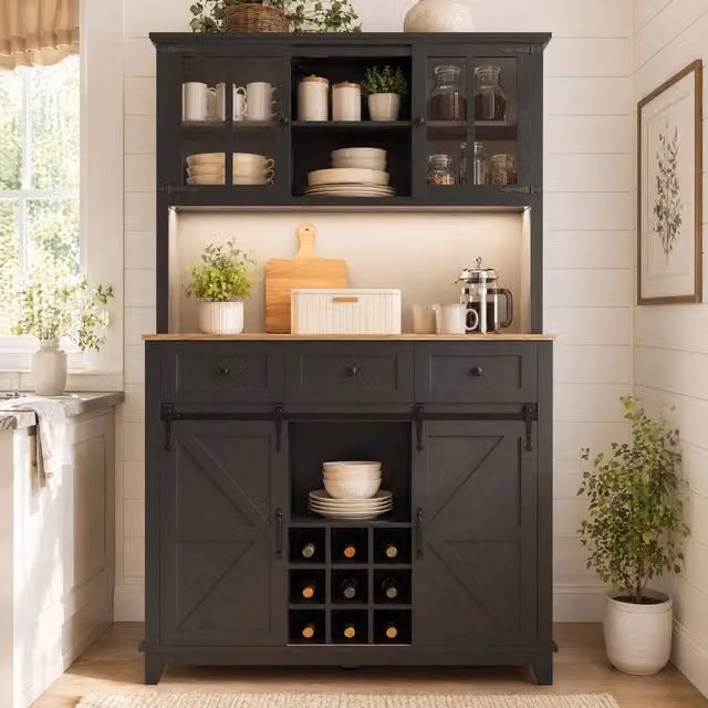 Mobile colonna da cucina Mivray nero con LED, ante in vetro e portabottiglie, L/P/H: 105 x 38.4 x 180 cm
