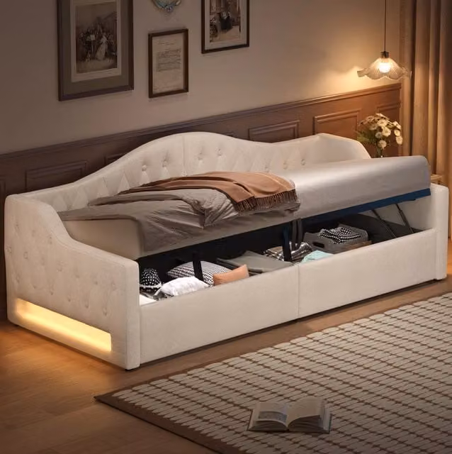 Tagesbett 90x200 con LED e vano contenitore; beige