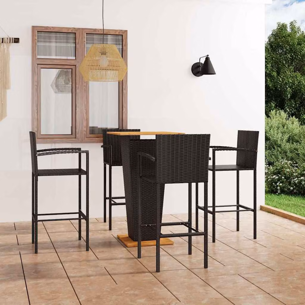 Set Bar da Giardino vidaXL in Polyrattan e Legno di Acacia Nero, 5 Pezzi – 1