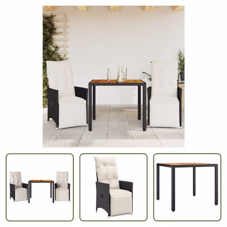 The Living Store Set bistrot 3 pezzi con cuscini in poly rattan nero