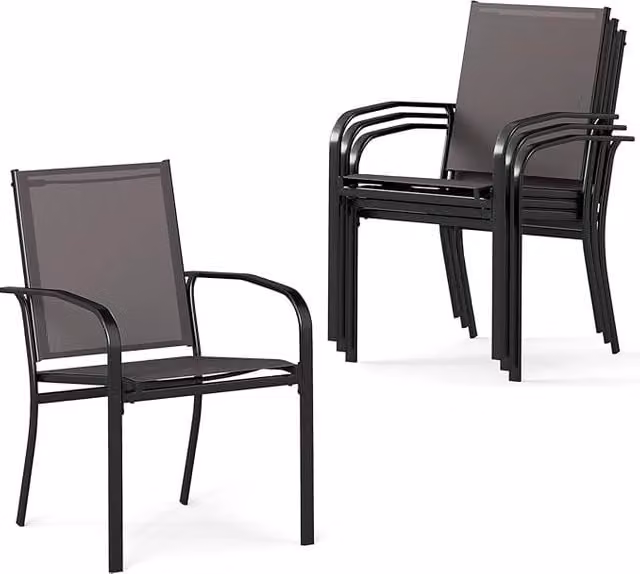 Set di 4 sedie da giardino impilabili COSTWAY con braccioli e schienale alto in tessuto traspirante e telaio in metallo, colore grigio
