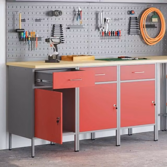 Set di 3 mobili da lavoro vidaXL in acciaio e legno, Rosso e Grigio, L: 150 cm, P: 55 cm, H: 85 cm