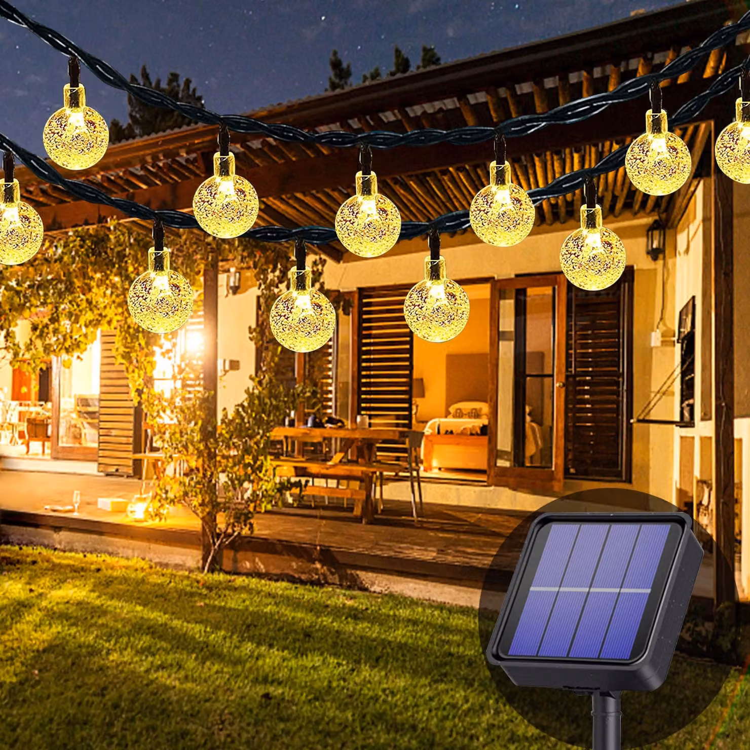 Catena luminosa solare, 50 LED, 8 modalità, grado di protezione IP65, lunghezza 7 metri, luce bianco caldo