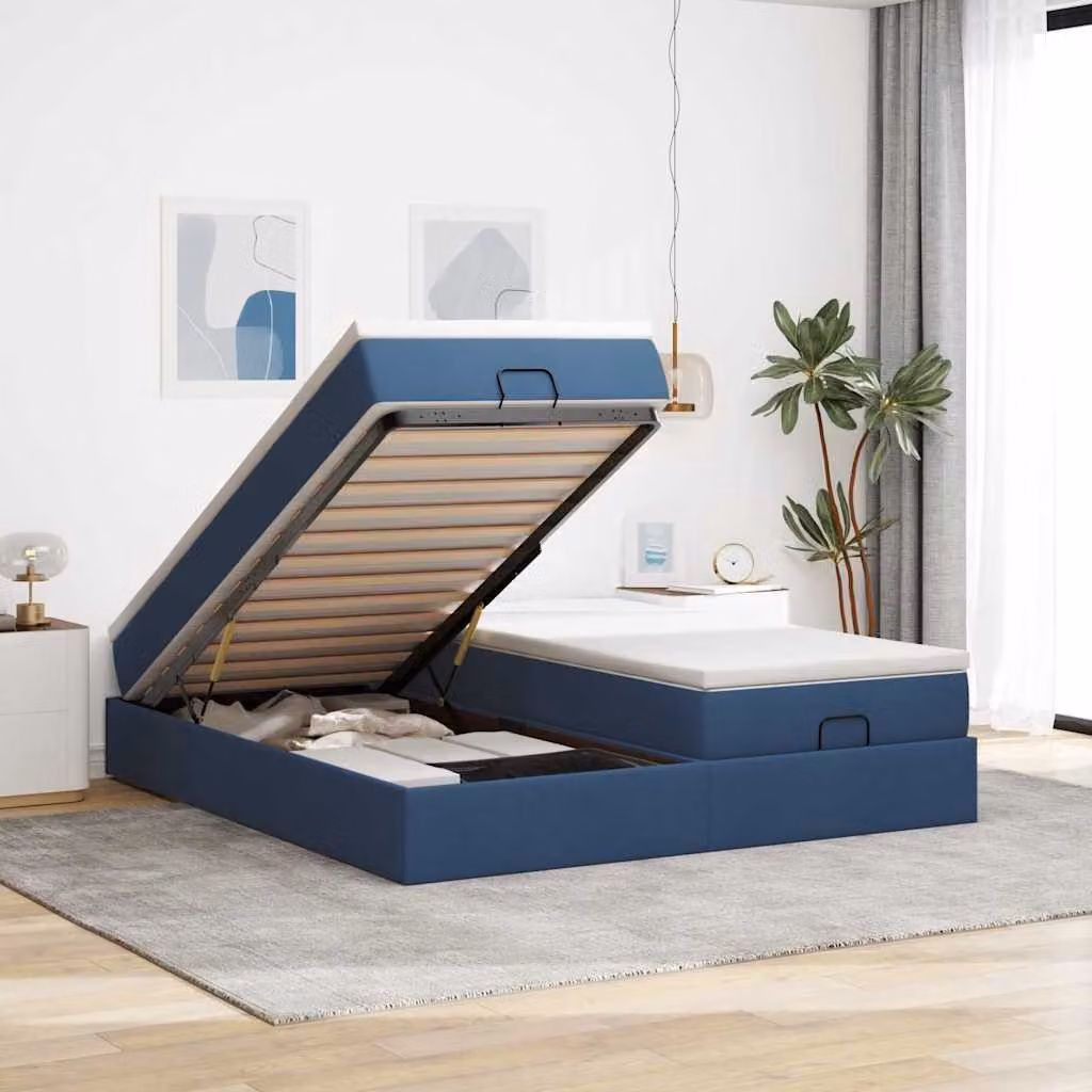 vidaXL Struttura Letto Pouf con Materassi Blu 160x200 cm in Tessuto