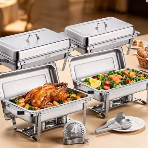 Set di Scaldavivande Rettangolare VEVOR in Acciaio Inox Argento, Capacità 7,5 L, con 4 Padelle e Supporti per Carburante