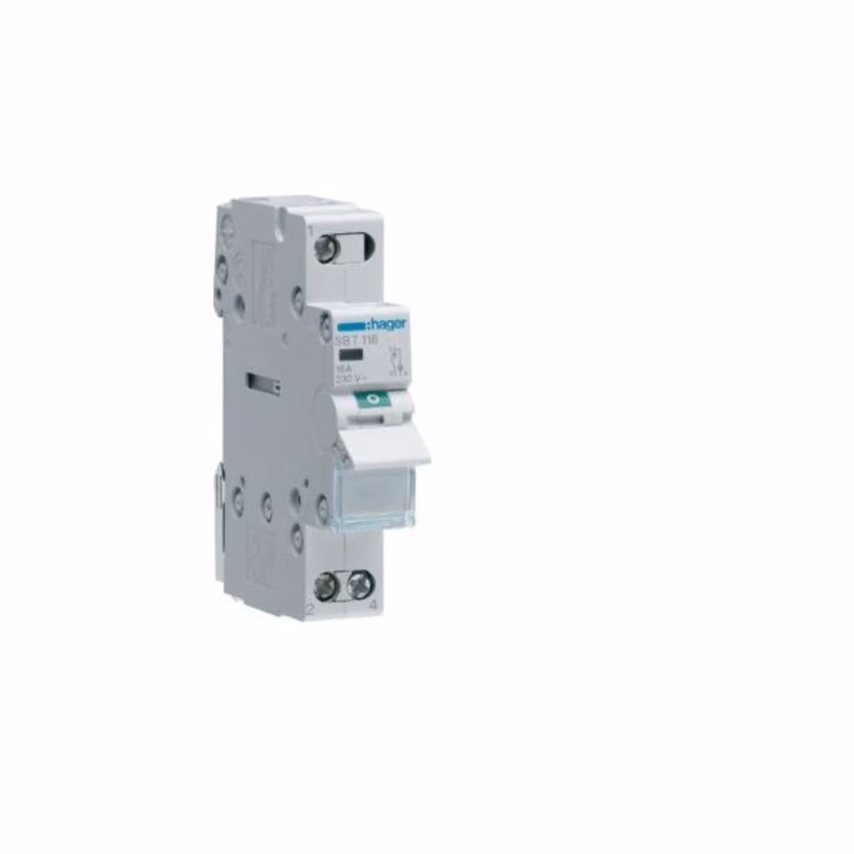 Hager SBT116. Numero di poli: 1P, Colore del prodotto: Grigio. Tensione di ingresso CA: 440 V, Frequenza di ingresso CA: 50/60 Hz. Ampio