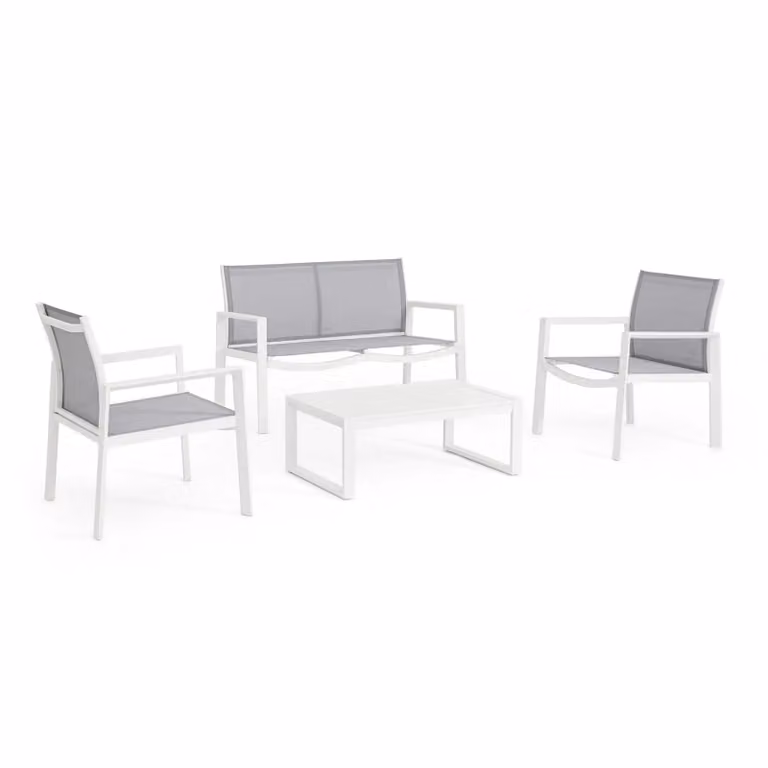 Set salotto da giardino GRANADA in textilene grigio chiaro e struttura in alluminio bianco, 4 pezzi