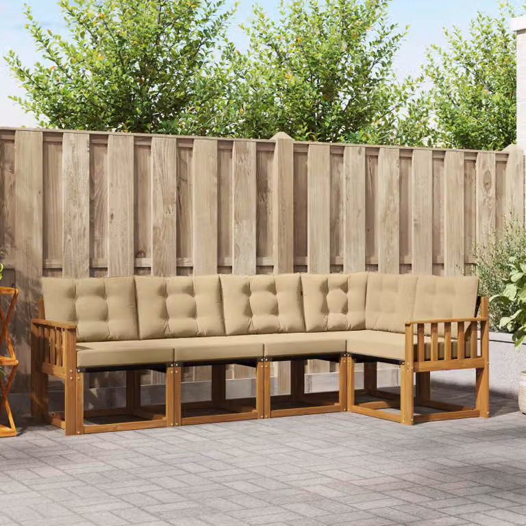 Set di divani da esterno vidaXL a forma di L in legno di acacia con cuscini beige e marrone