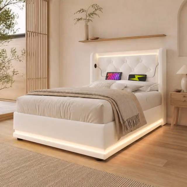 Letto singolo con contenitore Mivray bianco con testiera imbottita in ecopelle, illuminazione LED e porte USB e Type-C, L/P: 90 x 200 cm