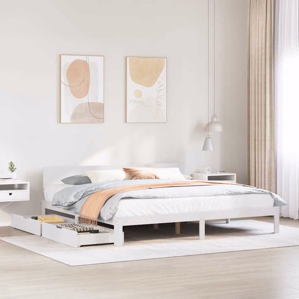 vidaXL Giroletto con Cassetti in Legno Massello di Pino Bianco 200x200 cm