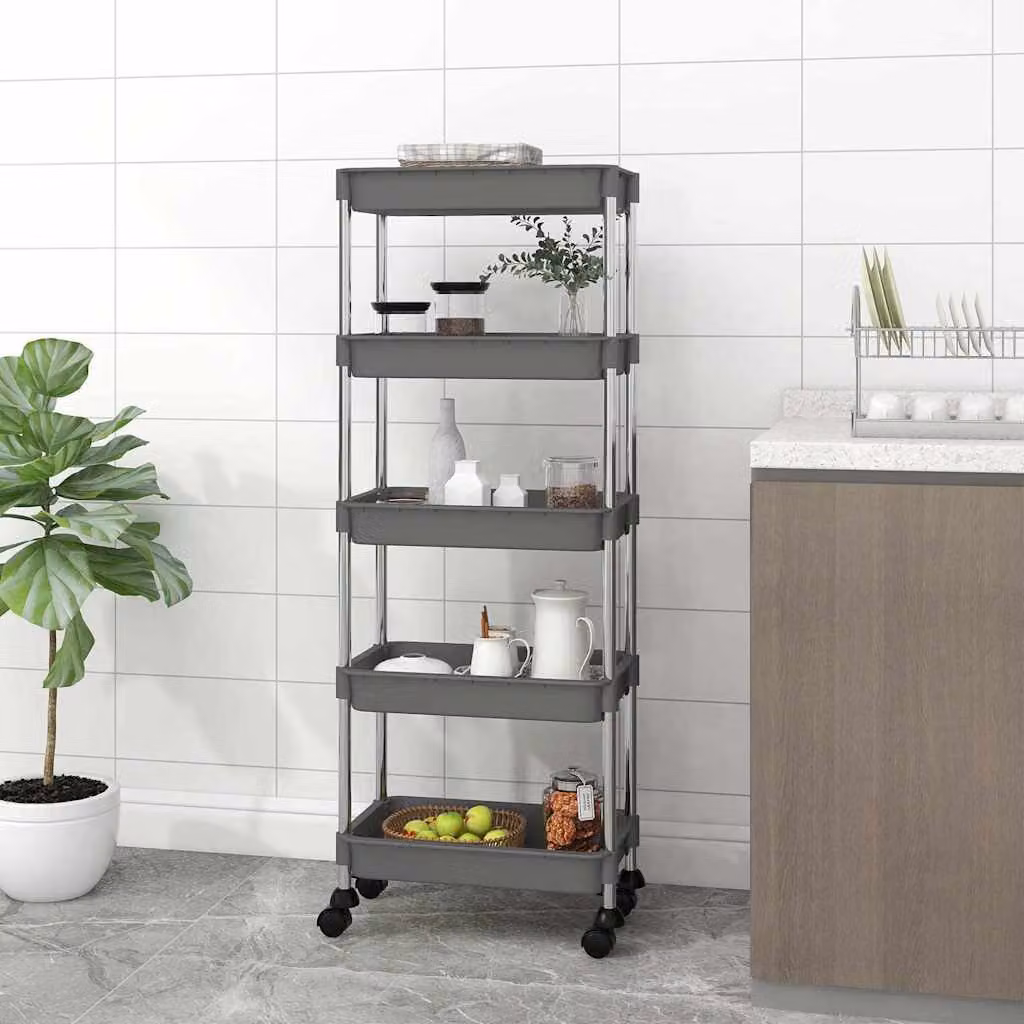 vidaXL Carrello da Cucina Moderno con 5 Ripiani Grigio L: 42 cm, P: 29 cm, H: 128 cm in Metallo e Plastica