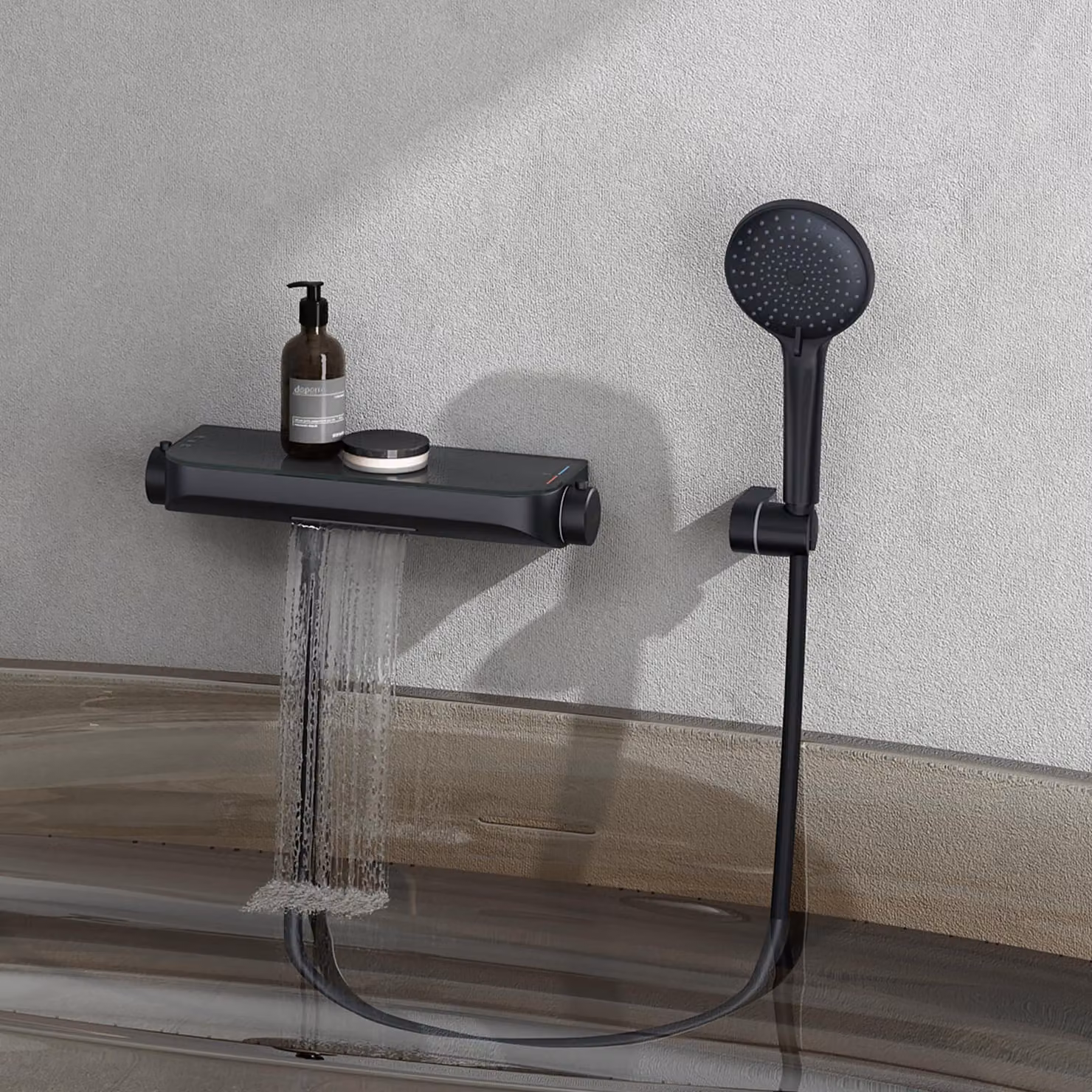 doporro Sistema Doccia Termostatico con Doccetta a Mano Nero Opaco Miscelatore per Vasca Soffione in Ottone con Mensola Portaoggetti per Bagno Duschsystem8