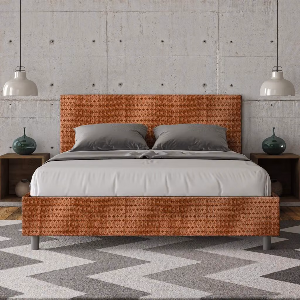 Letto Matrimoniale Adele con Contenitore e Rete con Alzata Imbottito in Tessuto Arancione L/P/H: 160 x 222 x 106 cm – 2