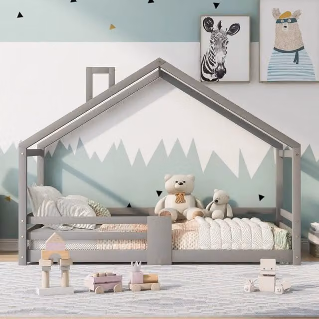 Letto a casa per bambini Zephmum in legno di pino laccato grigio L/P/H: 200 x 90 x 120 cm – 1