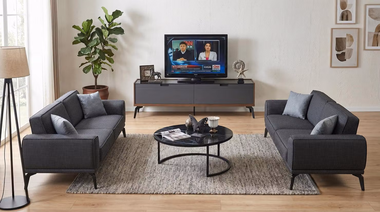 Set per soggiorno: divano a 3 posti (2 unità), tavolino, mobile TV, design moderno, colore grigio
