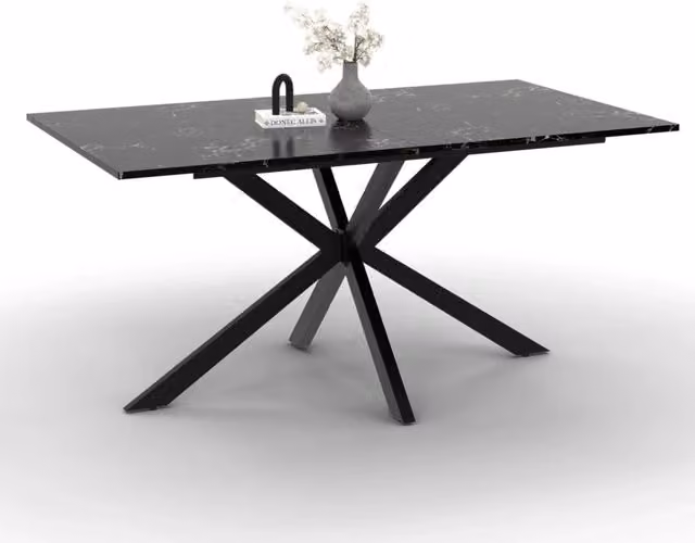 Tavolo da pranzo rettangolare IDMarket ALASKA per 8 persone con effetto marmo nero lucido e base a ragno in metallo – 1