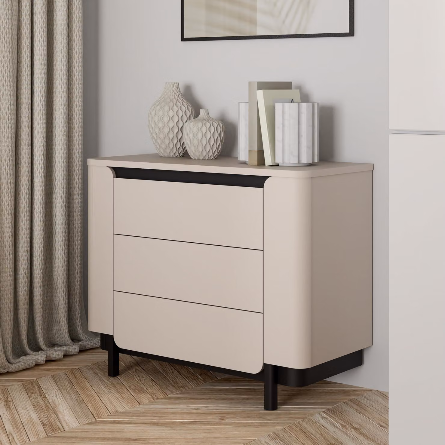 Comò Forte VODOL 90 100, comò moderno con 3 cassetti e design dagli angoli arrotondati, realizzato in materiale composito di legno, colore: cashmere/beige, dimensioni: 95,6 cm di larghezza x 77,9 cm di altezza x 44,8 cm di profondità