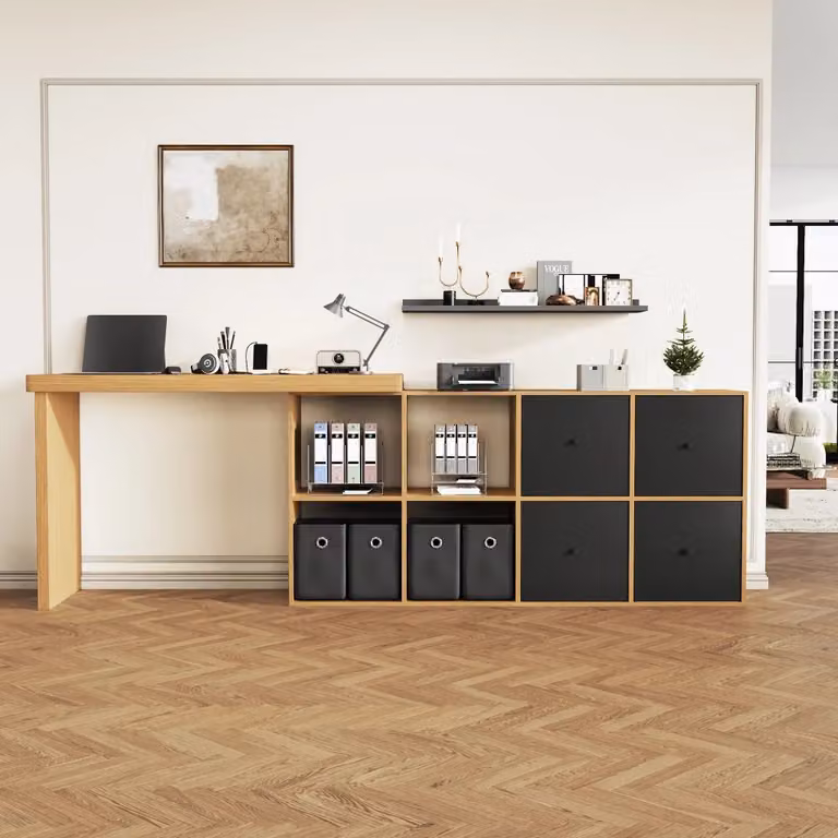 Scrivania angolare FOLYNA con piano girevole a 360°, 4 cassetti e 4 vani aperti in MDF laminato, disponibile in nero o marrone, L: 120 cm, P: 78 cm, H: 48 cm