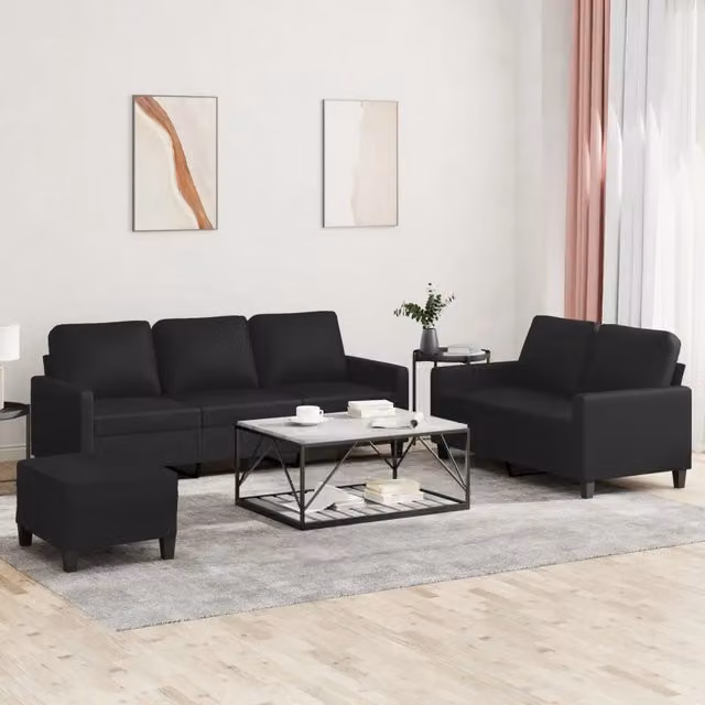 Set di divani moderno vidaXL in similpelle nera composto da divano a 3 posti, divano a 2 posti e pouf con cuscini inclusi
