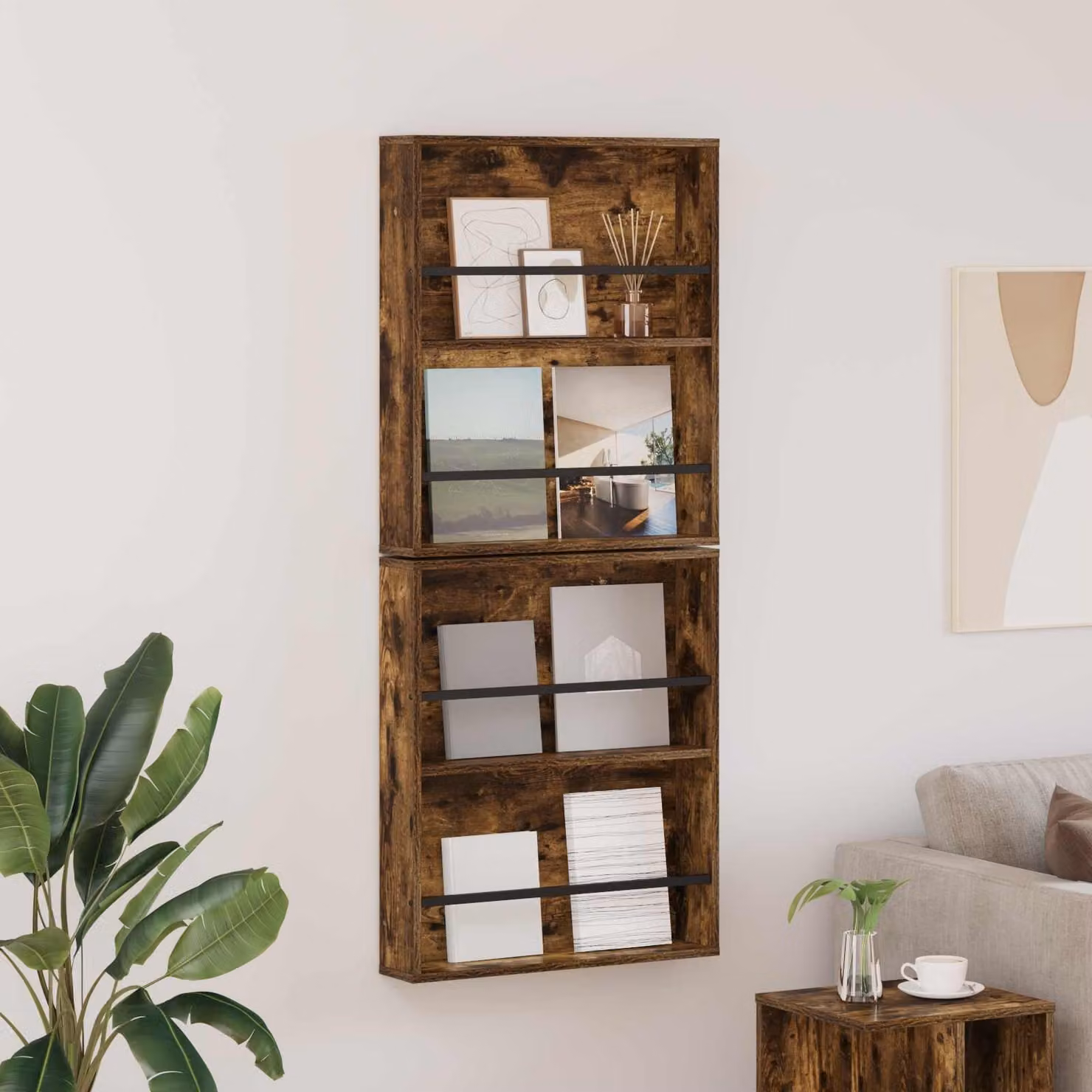 Set di 2 scaffali per riviste vidaXL moderni in legno color rovere fumo, montaggio a parete, L: 60 cm, P: 12 cm, H: 70 cm