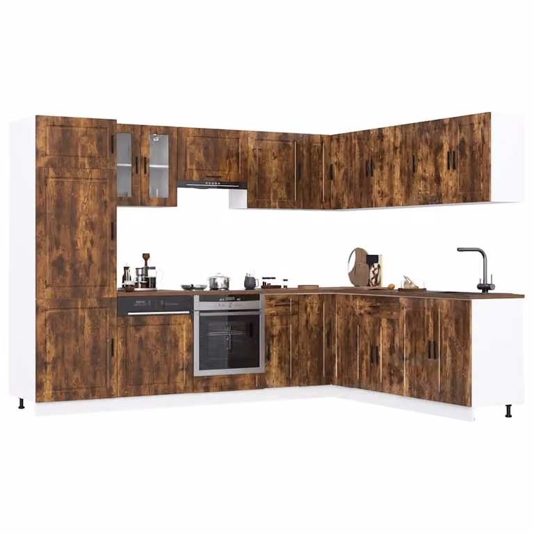 Set di mobili da cucina moderno vidaXL composto da 14 pezzi in rovere e marrone con ante a battente e ripiani aperti