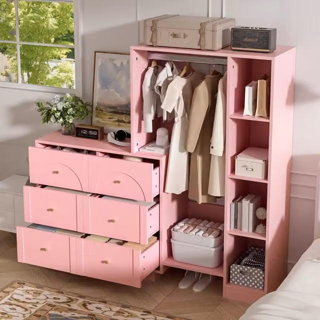Armadio multifunzione aperto WISHDOR con 6 cassetti, barra appendiabiti e ripiani, rosa e oro, L: 139 cm, P: 35 cm, H: 133 cm