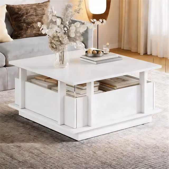 Tavolino da caffè MINIMAL con LED, cassetti e ripiano in acrilico, bianco lucido e trasparente, L/P/H: 70 x 70 x 35 cm