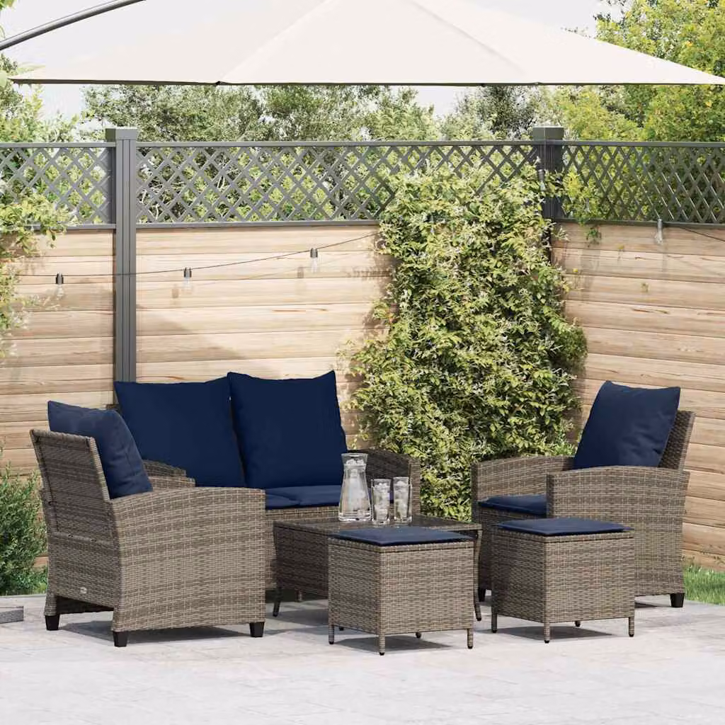 Set Divano da Giardino vidaXL in Polyrattan Grigio e Blu con 6 Pezzi e Cuscini Imbottiti