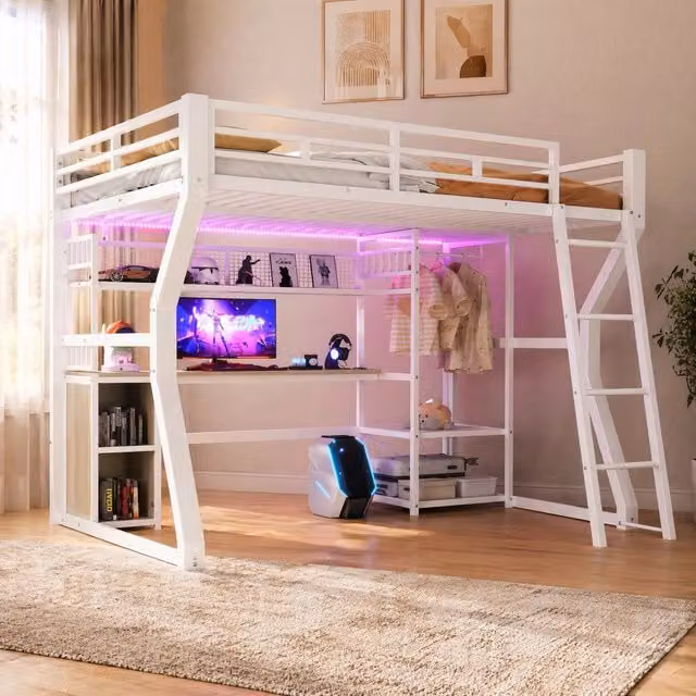 Letto a soppalco singolo bianco con scrivania, illuminazione LED, porta USB e vani contenitori, L/P: 140 x 200 cm
