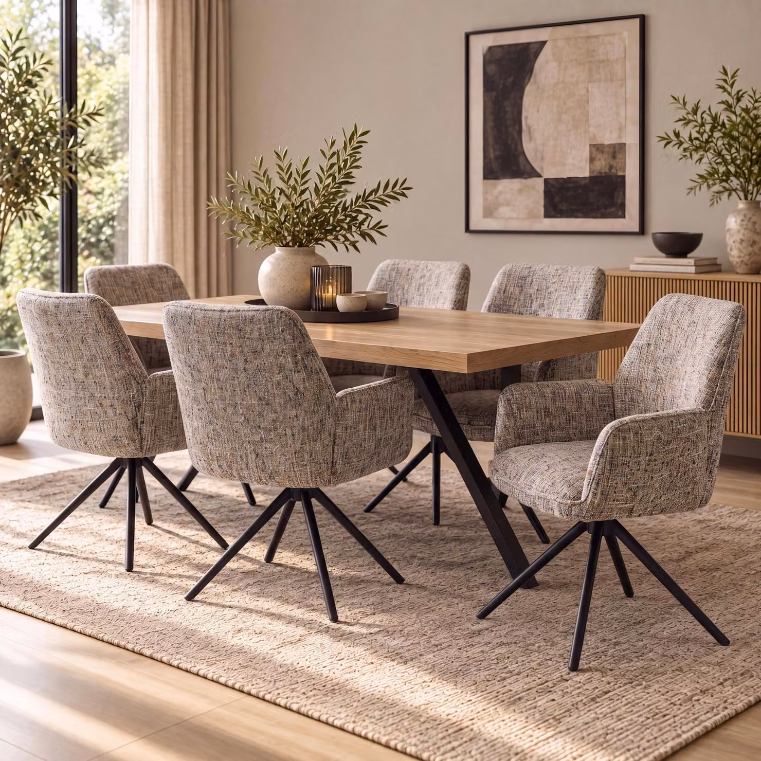 Set di 6 sedie da pranzo modello HWC-G67, girevoli, con meccanismo di auto-regolazione, rivestite in tessuto chenille (410g/m²), struttura nera, seduta colorata