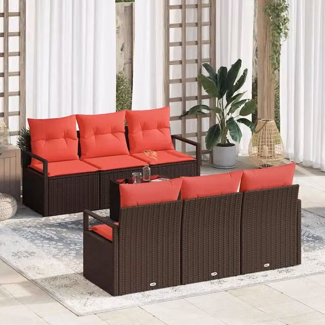 Set di divani 7 pz 6-Numero di posti Marrone e Rosso polyrattan 3346274