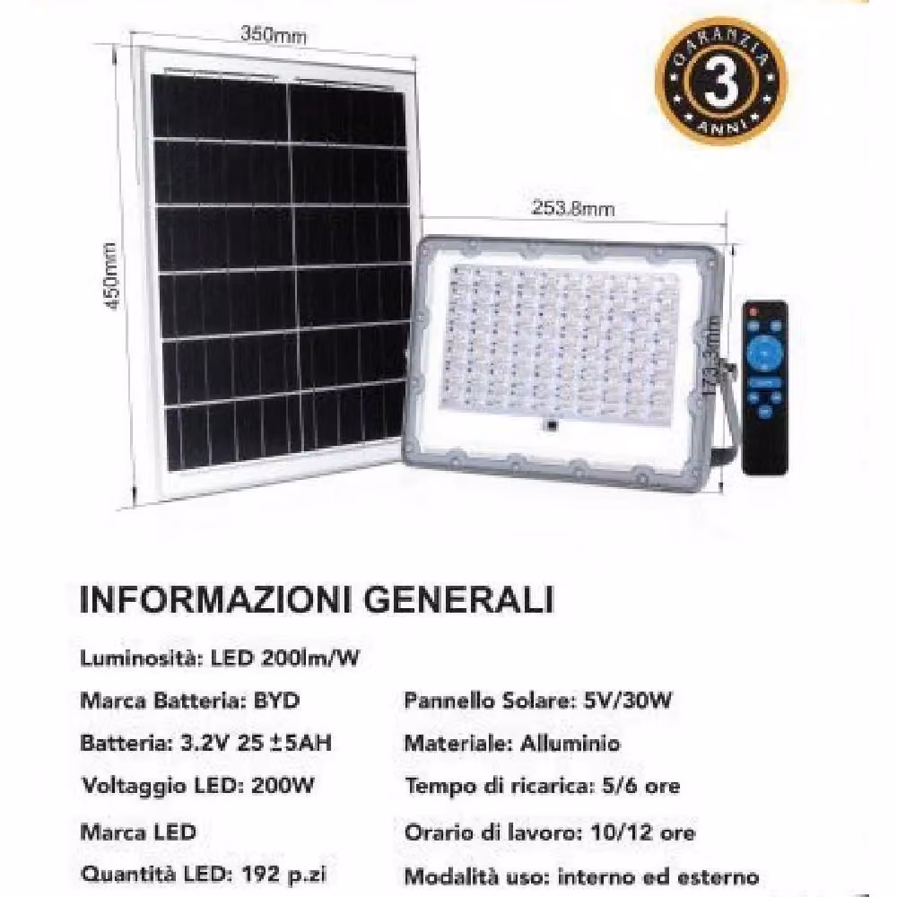 Faro Led Solare Trade Shop Traesio da 200W con Telecomando, Sensore Crepuscolare e Certificazione IP65, Colore Grigio – 2