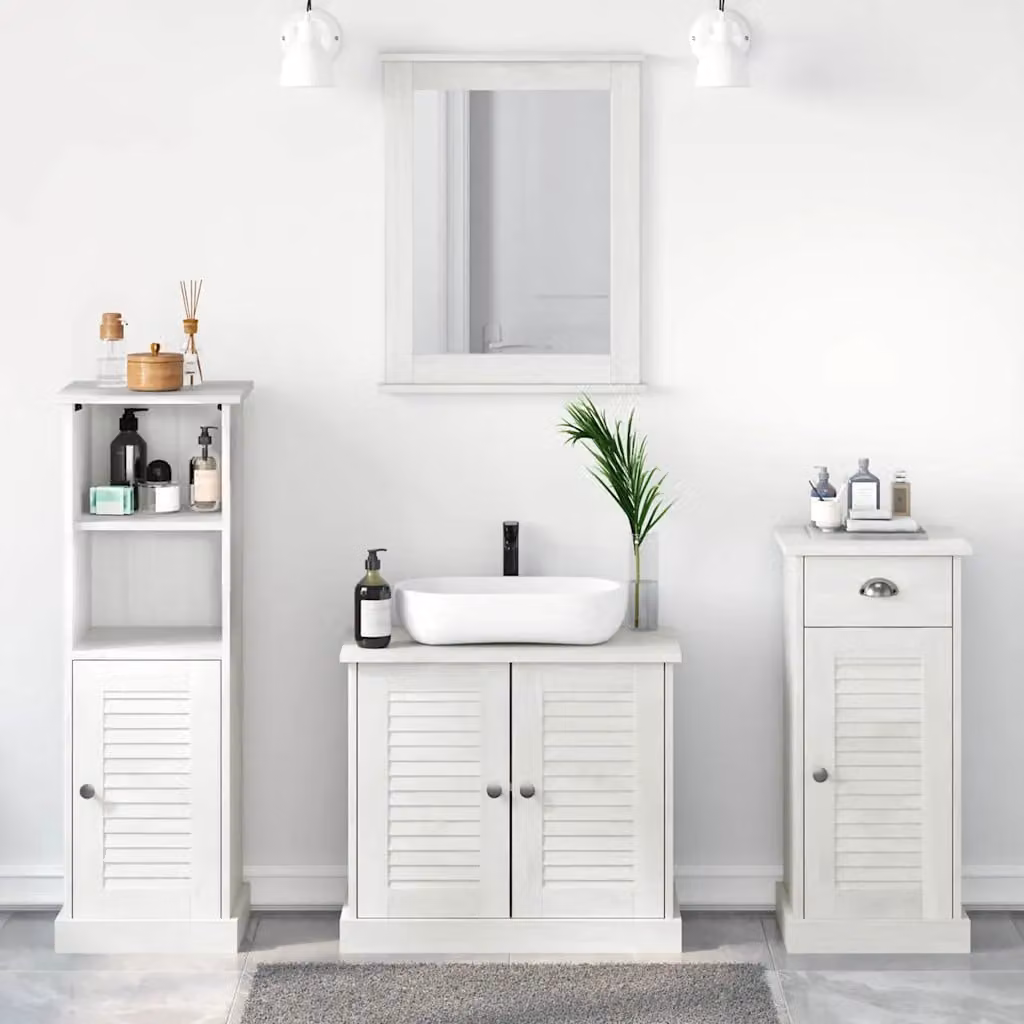 Set di mobili per il bagno moderno vidaXL in pino massello bianco con mobile lavabo e ante a cerniera L/P/H: 110 x 68 x 35,6 cm