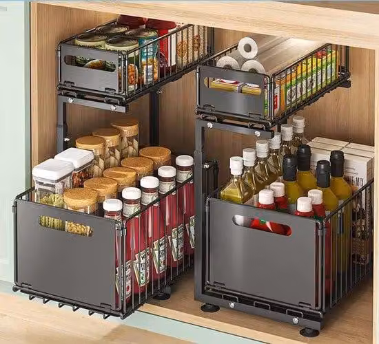 Ibenzoa® Organizer estensibile e regolabile per cucina e bagno – Scaffale di stoccaggio a 2 livelli Acciaio al carbonio, nero, con 4 ventose e bordo rialzato