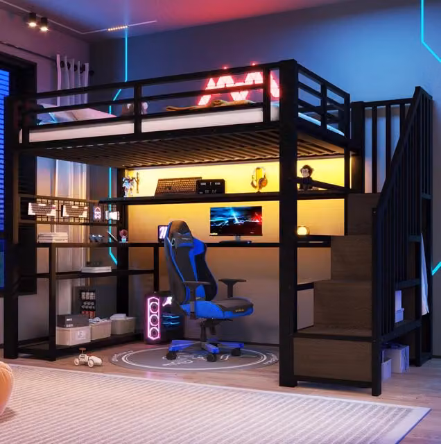 Letto a soppalco in metallo 90x200 cm con scrivania, armadio, LED RGB e spazio contenitivo nero