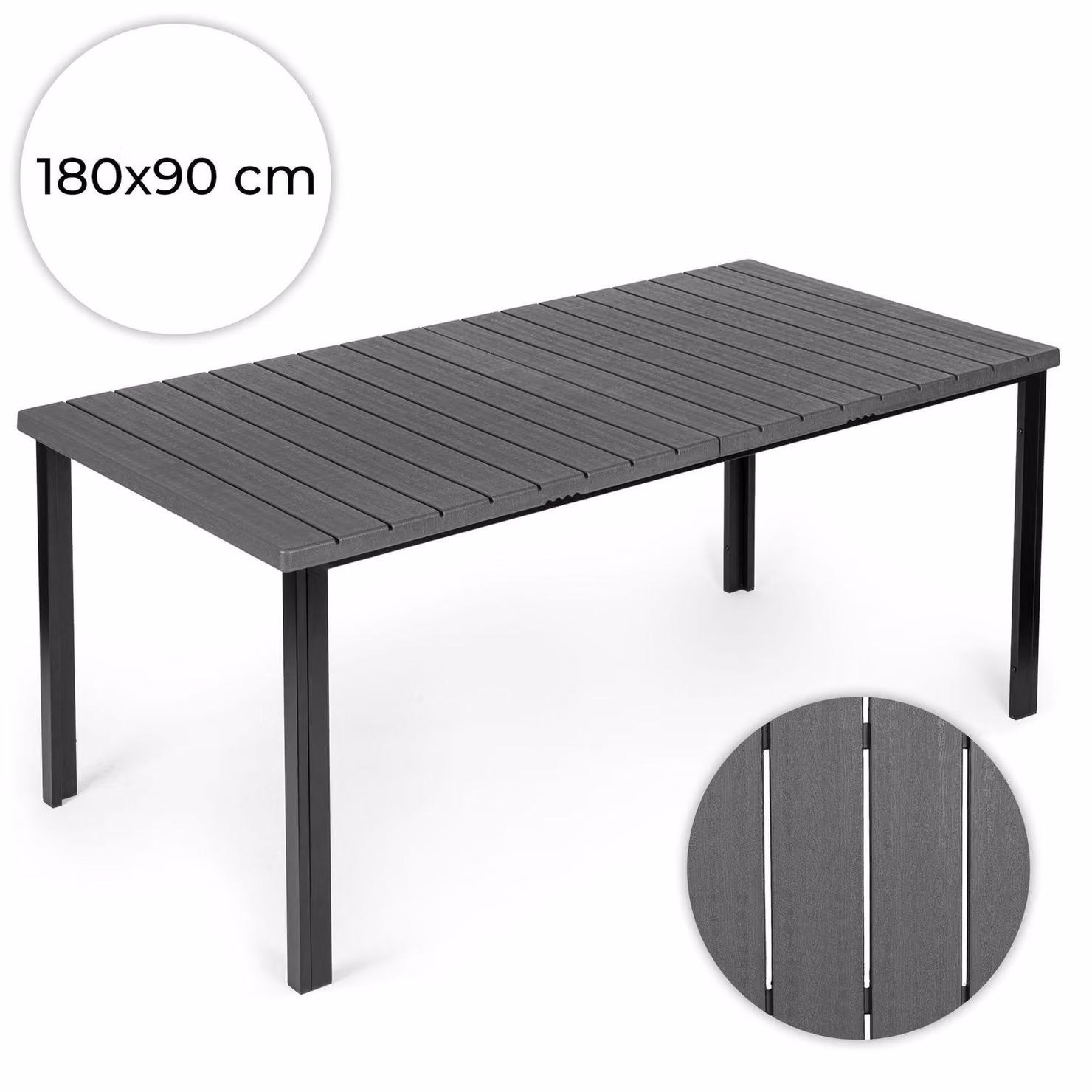 Grande tavolo da giardino per 8 persone, 180×90 cm, in HDPE grigio