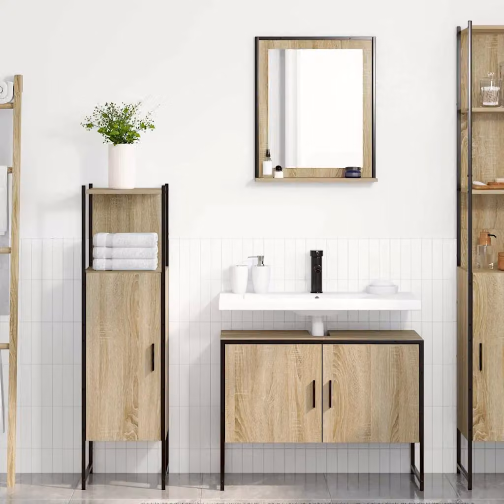 Set di mobili per il bagno vidaXL 3 pezzi Marrone con illuminazione LED, composto da armadietto con specchio, mobile lavabo e mobile laterale, L/P/H: 33 x 33 x 120,5 cm